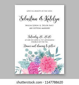 Floral wedding invitation vector template pink chrysanthemum red rose greenery