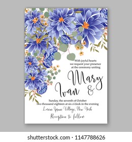 Floral wedding invitation vector template blue flower of peony dahlia chrysnthemum