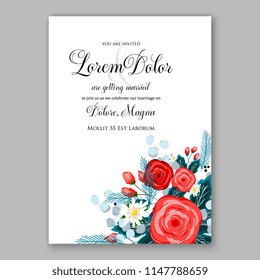 Floral wedding invitation vector template red winter rose fir wreath background pattern