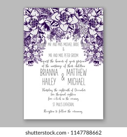 Floral wedding invitation vector template purple violet lilac sunflower dahlia chrysanthemum ink pen drawn