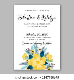 Floral wedding invitation vector template yellow sunflower dahlia chrysanthemum fir christmas wreath
