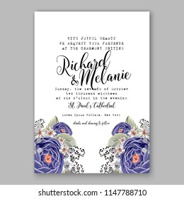 Floral wedding invitation vector template blue ranunculus peony rose greenery
