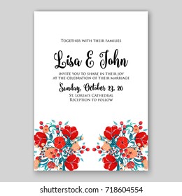 Floral wedding invitation vector template of anemone, peony