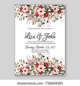 Floral wedding invitation vector template of anemone, peony