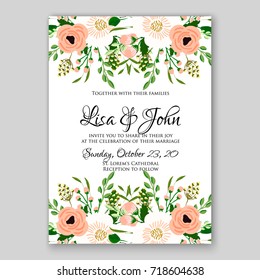 Floral wedding invitation vector template of anemone, peony