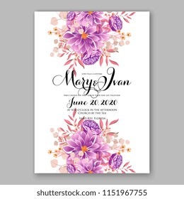 Floral wedding invitation vector violet pink Peony chrysanthemum flower greenery digital background illustration template