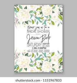Floral wedding invitation vector white rose Peony ranunculus flower greenery digital background illustration template