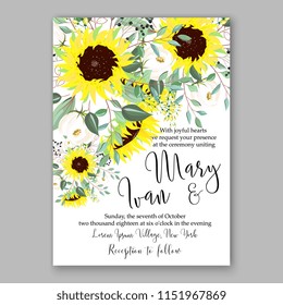 Floral wedding invitation vector yellow sunflower Peony flower greenery digital background illustration template