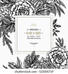 Floral wedding invitation. Vintage engraved flowers greeting card. Vector illustration