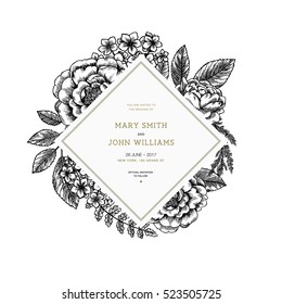 Floral wedding invitation. Vintage engraved flowers greeting card. Vector illustration