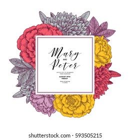 Floral wedding invitation. Vintage flower greeting card. Vector illustration