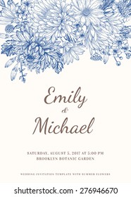 Floral wedding invitation in vintage style. Chrysanthemums, asters, daisies. Blue flowers. Vector illustration. 