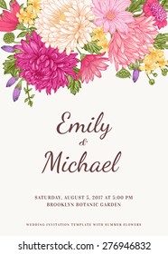 Floral wedding invitation in vintage style. Chrysanthemums, asters, daisies. Vector illustration. 