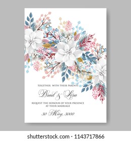 Floral wedding invitation white anemone blue greenery wreath