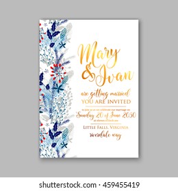 Floral wedding invitation with winter christmas wreath. Merry Christmas and Happy New Year Card