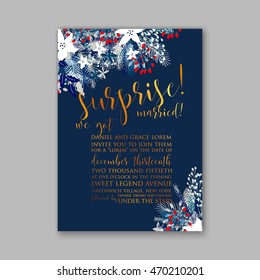 Floral wedding invitation with winter christmas wreath. Merry Christmas and Happy New Year Card