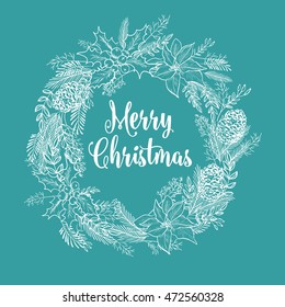 Floral wedding invitation with winter christmas wreath. Merry Christmas and Happy New Year Card