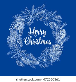 Floral wedding invitation with winter christmas wreath. Merry Christmas and Happy New Year Card