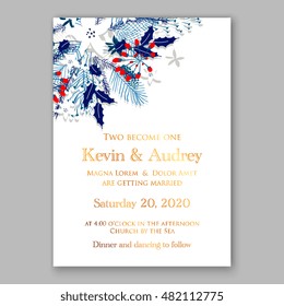 Floral wedding invitation with winter christmas wreath. Merry Christmas and Happy New Year Card