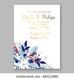 Floral wedding invitation with winter christmas wreath. Merry Christmas and Happy New Year Card