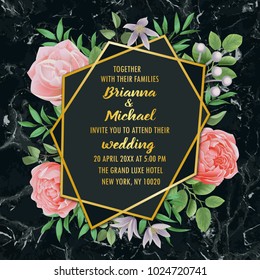 Floral wedding invitation withgeometric frame, flowers, herb in watercolor style on black marble background. Greenery botanical template with text place for invite, greeting, birthday card and covers.