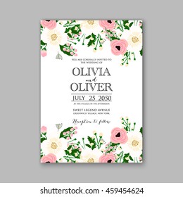 Floral wedding invitation with wreath.