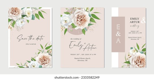 Floral wedding invite, e-invite card. Watercolor style. Beige, ivory white color rose flowers, eustoma, greenery, eucalyptus green leaves bouquet frame. Neutral rustic vector art illustration template