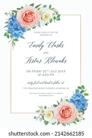 Floral wedding invite, marriage invitation card. Editable, watercolor style vector template design. Elegant blue hydrangea, peach, yellow rose flowers, eucalyptus greenery leaves bouquets illustration