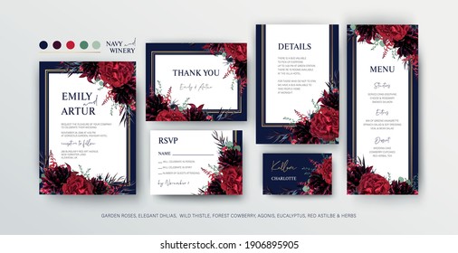 Floral wedding invite, menu, rsvp card editable vector design. Red marsala garden rose flowers, burgundy dahlias, eucalyptus leaves, thistle, bouquet, golden frame on navy blue background. Elegant set