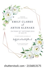 Floral wedding invite, save the date card. Ivory white lisanthus flowers, garden rose, jasmine, berries, seeded eucalyptus, green leaves bouquet. Golden geometrical frame. Editable vector illustration