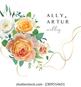 Invitación a la boda floral, guardar la tarjeta de cita con la flor de melocotón y la vegetación. Naranja, rosa amarilla, clavel, eucalipto verde hojas ramo. Dibujo de arte vectorial editable en color de agua con líneas doradas