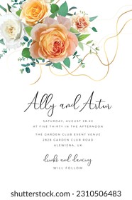 Floral wedding invite, save the date card. Peach flower and greenery. Orange, yellow rose, carnation, green eucalyptus leaves bouquet. Watercolor art editable vector art illustration with golden lines