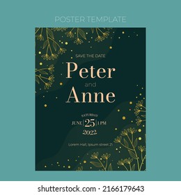 Floral wedding invite template in elegant golden style, invitation card design with gold flowers with leaves, dots. Decorative frame pattern and wreath. Vector decoration on rich green background.
