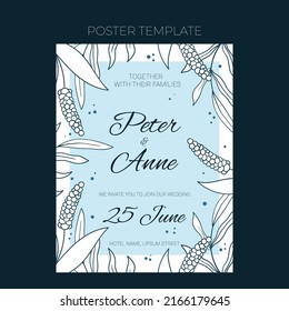 Plantilla de invitación de boda floral en forma de doodle dibujado a mano, diseño de tarjeta de invitación con flores de línea y hojas, puntos. Marco decorativo vectorial sobre fondo blanco y azul.