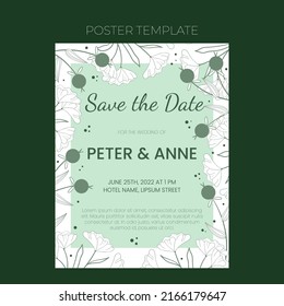 Floral wedding invite template in hand drawn doodle style, invitation card design with line flowers and leaves, dots and berries. Vector decorative frame on white and green background.