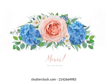 Floral wedding invite, thank you, save the date, Mother's Day greeting card. Blue hydrangea flowers, peach garden rose, eucalyptus branch, green leaves bouquet. Editable watercolor vector illustration