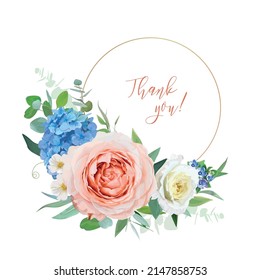 Floral wedding invite, thank you card, greeting, save the date. Blue hydrangea flower, blush peach, yellow rose, eucalyptus branches, greenery leaves bouquet. Watercolor, editable, vector illustration