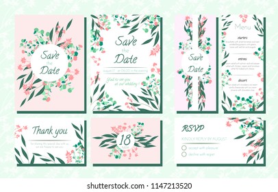 Floral Wedding Invite with Vector Eucalyptus Leaves, Forest Herbs, Elegant Decorative Flowers. Vintage Invitation, Menu, Rsvp, Thank You Label. Save the Date Card. Wedding Invite in Pastel Colors.