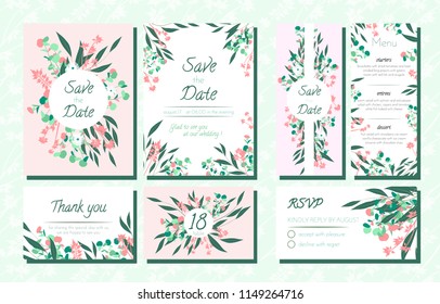 Floral Wedding Invite with Vector Eucalyptus Leaves, Forest Herbs, Elegant Decorative Flowers. Vintage Invitation, Menu, Rsvp, Thank You Label. Save the Date Card. Wedding Invite in Pastel Colors.