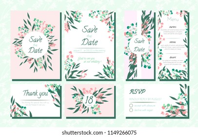 Floral Wedding Invite with Vector Eucalyptus Leaves, Forest Herbs, Elegant Decorative Flowers. Vintage Invitation, Menu, Rsvp, Thank You Label. Save the Date Card. Wedding Invite in Pastel Colors.