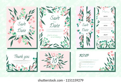 Floral Wedding Invite with Vector Eucalyptus Leaves, Forest Herbs, Elegant Decorative Flowers. Vintage Invitation, Menu, Rsvp, Thank You Label. Save the Date Card. Wedding Invite in Pastel Colors.