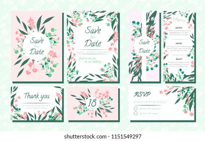 Floral Wedding Invite with Vector Eucalyptus Leaves, Forest Herbs, Elegant Decorative Flowers. Vintage Invitation, Menu, Rsvp, Thank You Label. Save the Date Card. Wedding Invite in Pastel Colors.