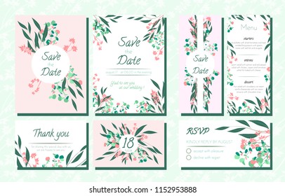 Floral Wedding Invite with Vector Eucalyptus Leaves, Forest Herbs, Elegant Decorative Flowers. Vintage Invitation, Menu, Rsvp, Thank You Label. Save the Date Card. Wedding Invite in Pastel Colors.