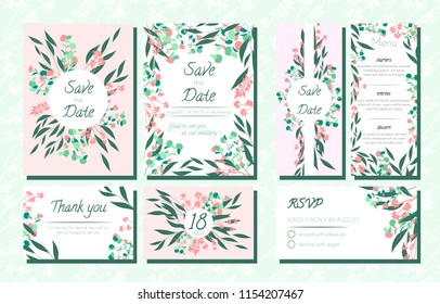 Floral Wedding Invite with Vector Eucalyptus Leaves, Forest Herbs, Elegant Decorative Flowers. Vintage Invitation, Menu, Rsvp, Thank You Label. Save the Date Card. Wedding Invite in Pastel Colors.