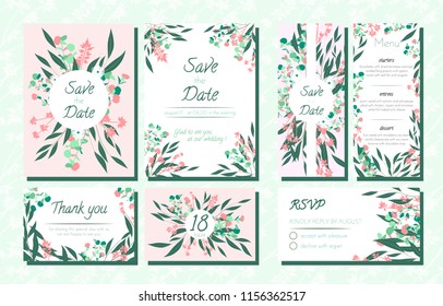 Floral Wedding Invite with Vector Eucalyptus Leaves, Forest Herbs, Elegant Decorative Flowers. Vintage Invitation, Menu, Rsvp, Thank You Label. Save the Date Card. Wedding Invite in Pastel Colors.