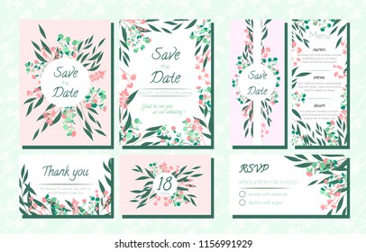 Floral Wedding Invite with Vector Eucalyptus Leaves, Forest Herbs, Elegant Decorative Flowers. Vintage Invitation, Menu, Rsvp, Thank You Label. Save the Date Card. Wedding Invite in Pastel Colors.