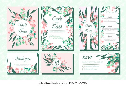 Floral Wedding Invite with Vector Eucalyptus Leaves, Forest Herbs, Elegant Decorative Flowers. Vintage Invitation, Menu, Rsvp, Thank You Label. Save the Date Card. Wedding Invite in Pastel Colors.