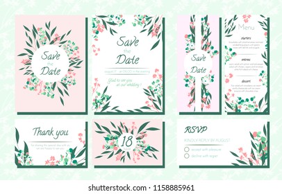 Floral Wedding Invite with Vector Eucalyptus Leaves, Forest Herbs, Elegant Decorative Flowers. Vintage Invitation, Menu, Rsvp, Thank You Label. Save the Date Card. Wedding Invite in Pastel Colors.