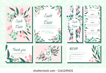 Floral Wedding Invite with Vector Eucalyptus Leaves, Forest Herbs, Elegant Decorative Flowers. Vintage Invitation, Menu, Rsvp, Thank You Label. Save the Date Card. Wedding Invite in Pastel Colors.