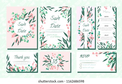 Floral Wedding Invite with Vector Eucalyptus Leaves, Forest Herbs, Elegant Decorative Flowers. Vintage Invitation, Menu, Rsvp, Thank You Label. Save the Date Card. Wedding Invite in Pastel Colors.